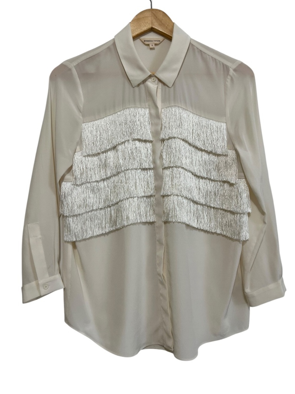 Rebecca Taylor Fringe Silk Long Sleeve Button Down Top in Ivory Size 4